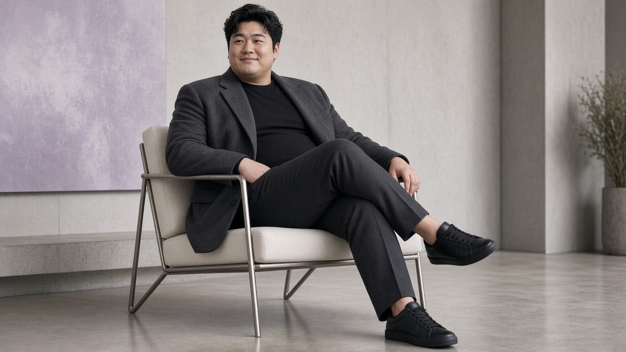 Man in a charcoal blazer seated in a lounge chair