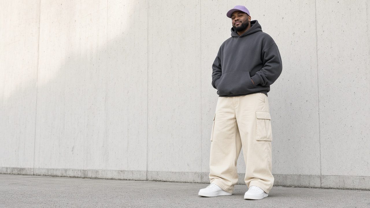 Big man in an oversized charcoal hoodie, cream cargos and a lavender cap