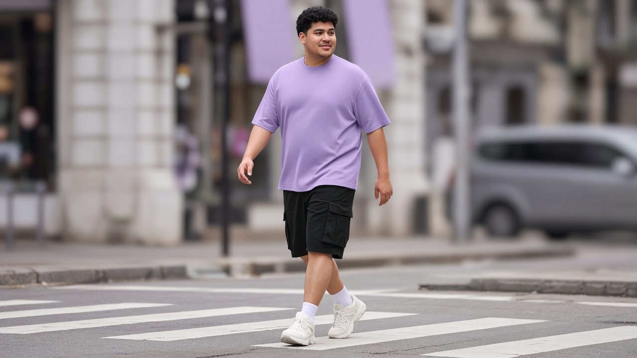 Man in a lavender oversized tee crossing the street